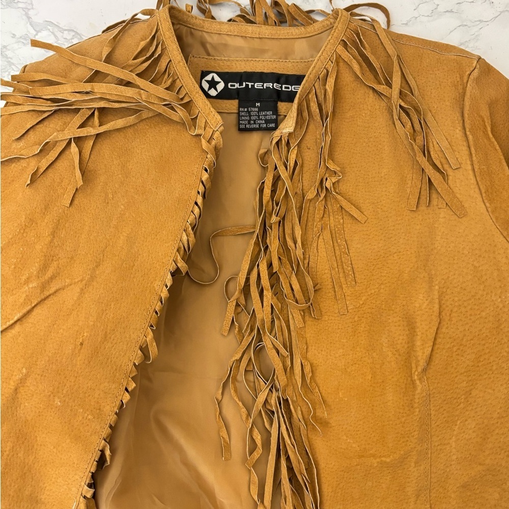 Outer Edge Leather Jacket Women's M Tan Suede Open Front Fringe Cowgirl Vtg - Picture 5 of 5